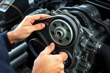 Mechanic inspecting car engine timing belt and water pump