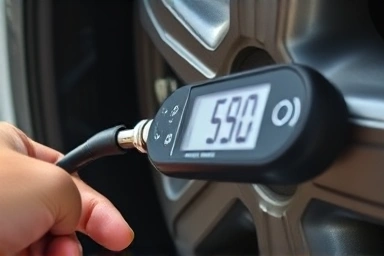 Digital tire pressure gauge checking car tire air