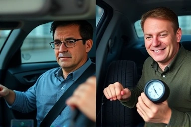 Driver using portable tire inflator for car safety