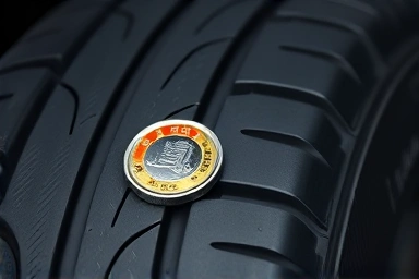 Car tire tread wear indicator with 100 Won coin