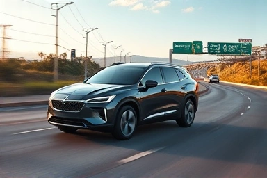 Torres EVX electric SUV driving on varied roads, symbolizing efficiency.