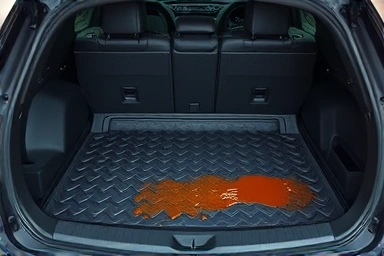 Close-up texture of waterproof TPE trunk mat repelling dirt.