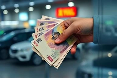 Korean Won bills in hand, car dealership background, financial concept.