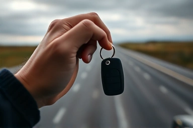 Hand holding car key on a highway background