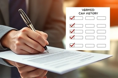 Confident car buyer signing agreement with verified history