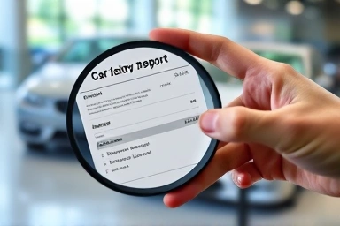 Magnifying glass revealing hidden car accident history.