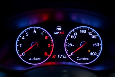 Car dashboard with auto hold and cruise control icons.