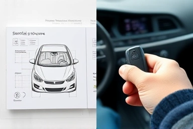Blueprint of car features and hand selecting a car key.