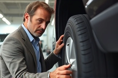 Shopper inspecting used car tire and engine for quality.