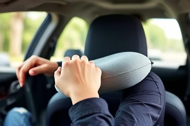 Driver enjoying a relaxed journey with a supportive neck pillow.