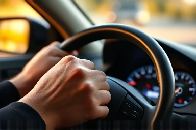 Driver's hands on steering wheel, optimal RPM display