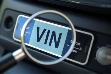 Magnifying glass over car VIN plate, revealing hidden details.