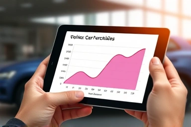 Hand holding tablet with electric car price reduction graph