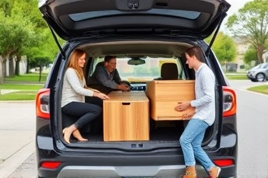 Family easily loading furniture into a wagon's low trunk.