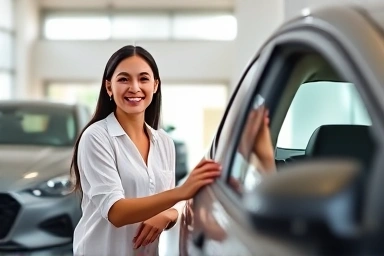 Woman choosing her first used car with confidence.