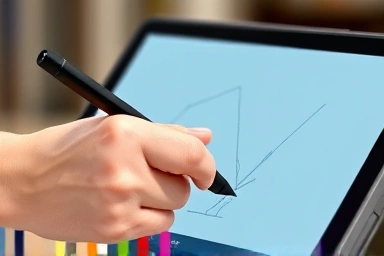 Hand using stylus for precise work on 2-in-1 laptop screen