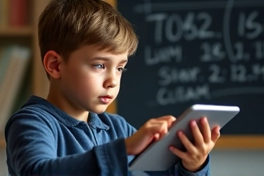 Student learning on tablet with focus and healthy brain cues.