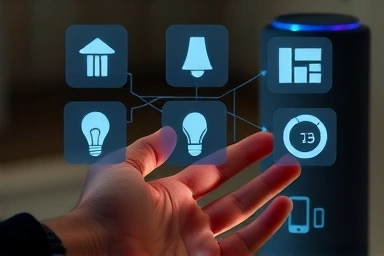 Hand interacting with holographic smart home interface from AI speaker.