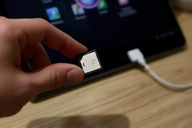 Hand holding USB drive, tablet installation, digital preparation