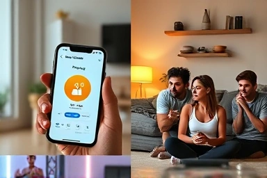 Split image: conceptual fitness app user vs. diverse home workout participants.