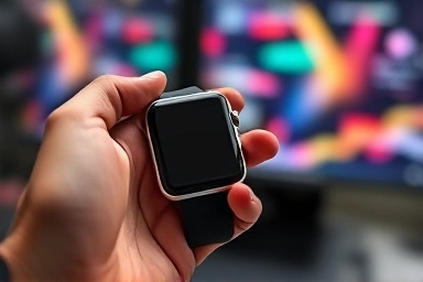 Hand holding a smartwatch, modern tech accessory.