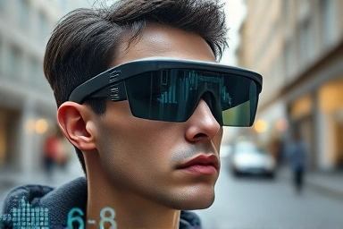 Futuristic AR smart glasses overlaying digital information on real world.