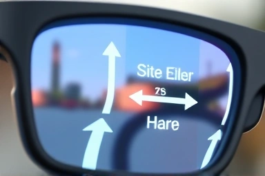 Close-up AR smart glasses lens displaying navigation.