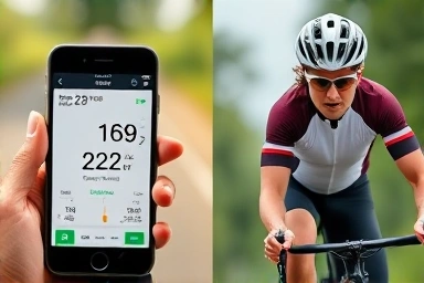 Smartphone app showing bike sensor data and focused cyclist.