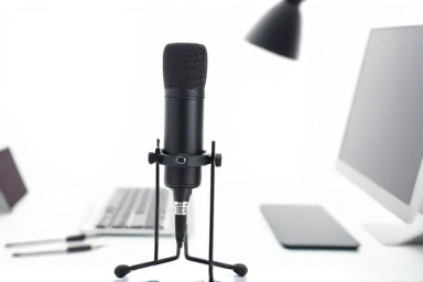 Podcast microphone setup with pop filter and stand.