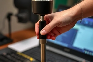 Setting up a podcast microphone for recording.