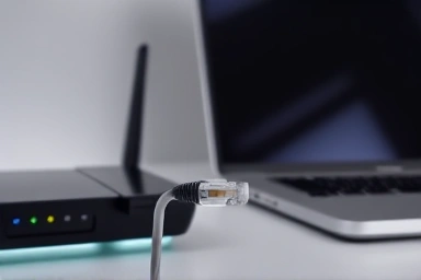 Modern home office with organized ethernet cable connection.