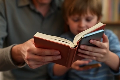 Parent offering book to child, smartphone in background