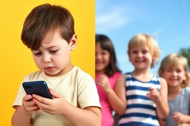 Child struggling with phone vs. happy child playing outdoors
