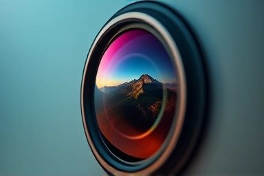 Close-up of advanced smartphone camera lens reflecting a landscape.