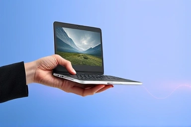 Old laptop transforming into a new Samsung Galaxy Book.