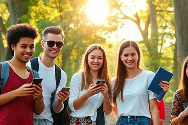 College students using Samsung Galaxy phones on campus.