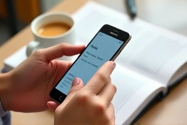 Student's hands using Galaxy phone with S Pen for notes.