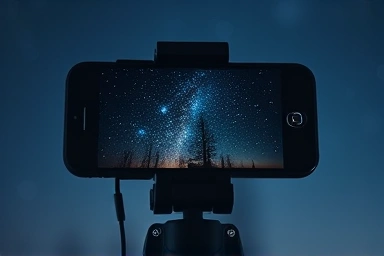 Smartphone camera lens reflecting starry night sky