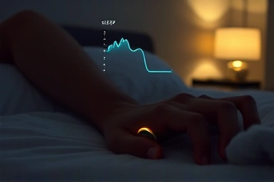 Person sleeping with a smart ring, connected to sleep data visualization.
