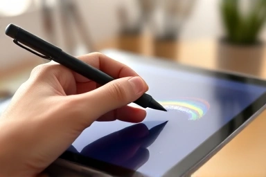 Hand drawing on a digital tablet with a stylus.