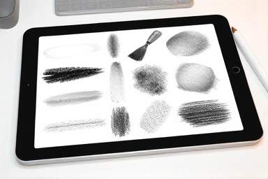 Digital art brushes and stylus on a tablet screen.