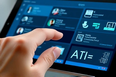 Hand interacting with a tablet screen showing multi-app workflow and AI assistance.