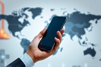 Modern smartphone held in hand, global connectivity, advanced technology