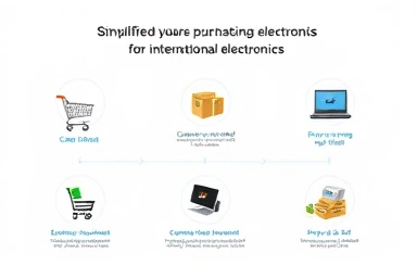 Steps for international electronics purchase, simplified process, shopping icons