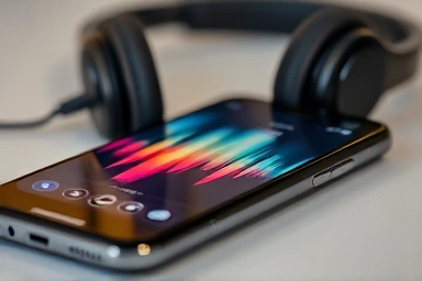 Smartphone displaying soundwaves with high-fidelity headphones.