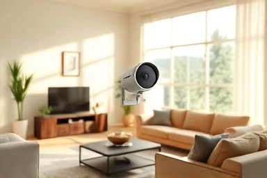Cozy living room with discreet home security camera.