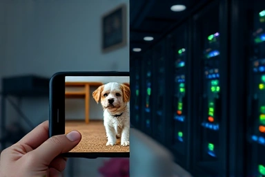 Smartphone showing pet camera feed and secure data encryption.
