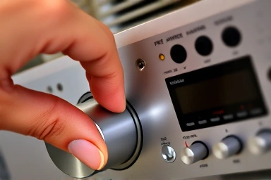 User interacting with audio amplifier controls, choice dilemma.