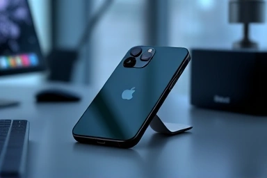 Futuristic iPhone 17 Pro on minimalist desk, focus on internal innovation.