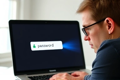 Frustrated person at laptop, password prompt, safe data flow, glowing key symbol
